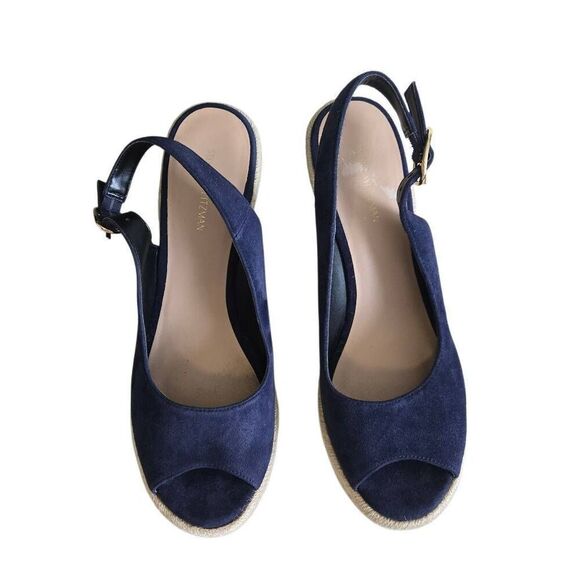 Stuart Weitzman Jean Blue Suede Slingback Cork Wedge Heel Sandal Size 8 - Picture 5 of 14